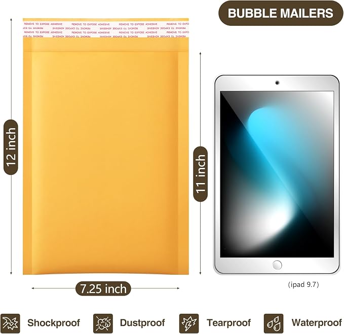 UCGOU Kraft Bubble Mailers 7.25x12" Usable Size 7.25x11"25 Pack Yellow #1 | Self Seal Waterproof Padded Envelopes,Tear Resistant Bubble Wrap Mailers Shipping Bags for Jewelry Makeup Small Business