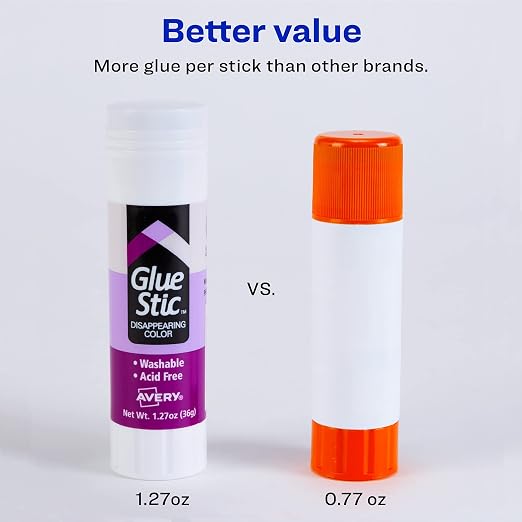 Avery Glue Stic, Disappearing Purple, Washable, 1.27oz, Glue Sticks (98071) (Pack of 72)