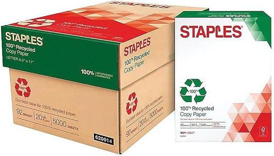 Staples 100% Recycled 8.5-Inch x 11-Inch Copy Paper 20 lbs 92B 500/Ream 10 Ream/Count, For Office, School & Home