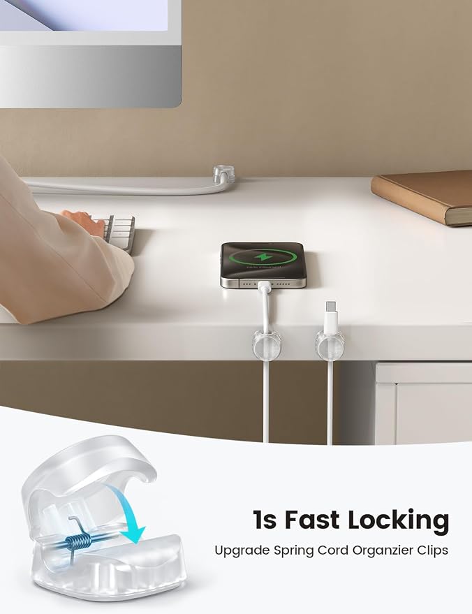Lamicall 6 Pack Cord Organizer, Office Desk Accessories, Clear Cable Clips | [1s Lock] Spring Cable Management Clips for Desk Nightstand Car, School Home Workspace Decor, College Dorm Room Decor Gadgets