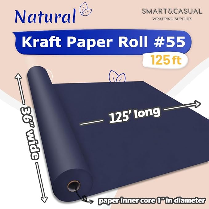 SMART&CASUAL 36" x 1,500" (125') Navy Blue Kraft Craft Paper Roll for Gift Wrapping Bulletin Board Bouquet Flower Kids Art Packing Parcel Table Covering 80GSM 55LB (Navy Blue, 36" x 125')