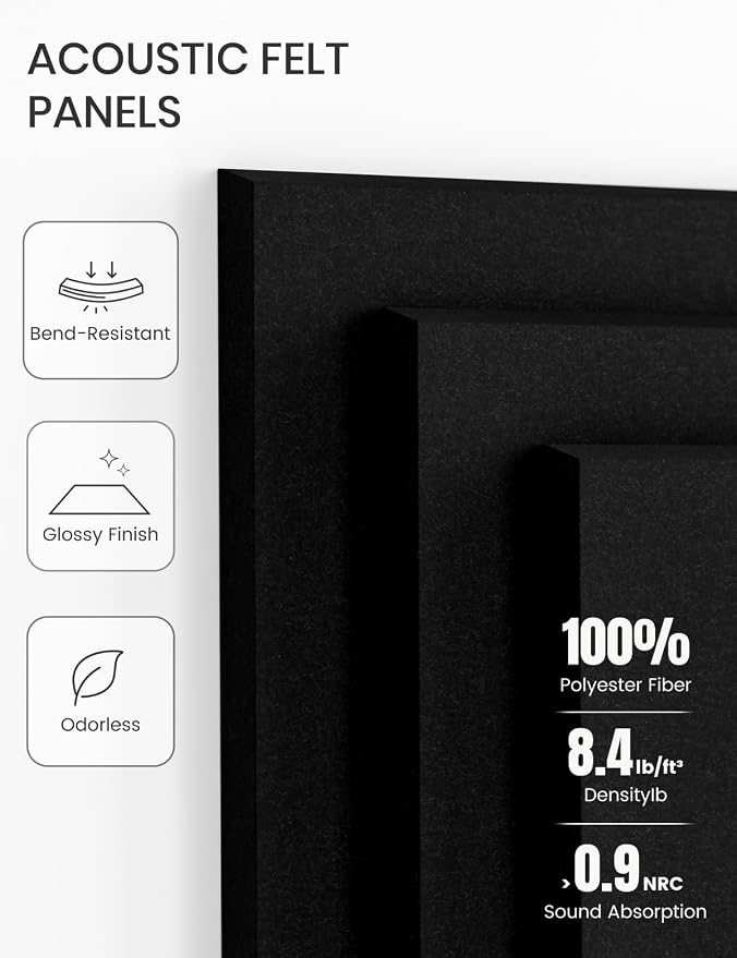 28" x 18" Felt Bulletin Board Tiles, Solid-Tile, Black | 6-Pack Cork Board Alternative, 30 Adhesive Tabs, Push Pin Board, Wall Decor, Office, Home, Classroom, Dorm