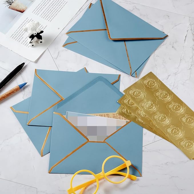 50 Pieces A7 Envelopes with Gold Border, 5.24 x 7.21 Inches Envelopes with Gold Stickers for Greeting Cards and Invitation (Dusty-Blue, A7-5x7)
