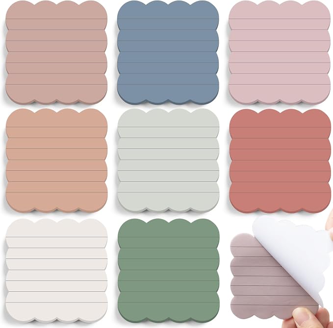 Eaasty 8 Pack Scalloped Sticky Notes Lined 3" X 3" Vintage Memo Pads | Vintage Aesthetic Wavy Edges, Self-stick for School Office Desk, 240 Sheets Bulk, Cute Design for Reminders Planning