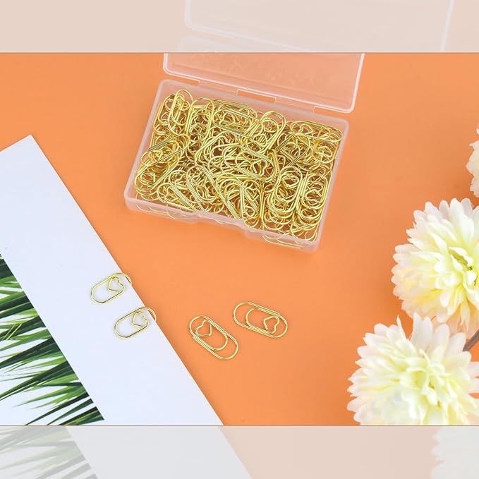 100 Pcs Love Heart Shaped Paper Clips, 0.78inch Cute Mini Paperclips for Office School Home Desk Organizers (Gold)