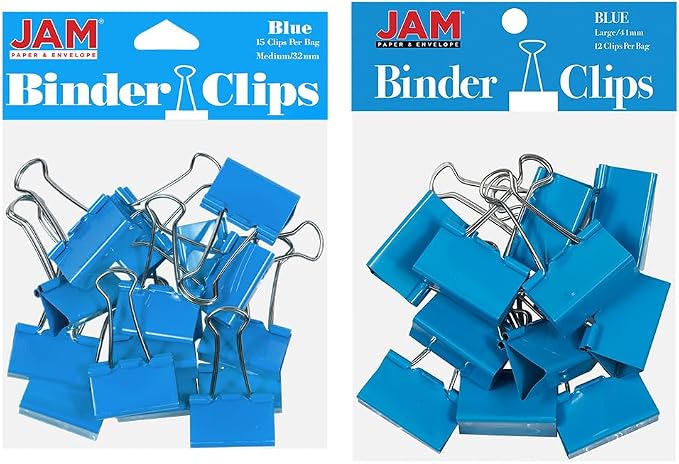 JAM PAPER Colorful Binder Clips Assortment - Medium & Large Size - Blue Binderclips - 27 Clips/Pack