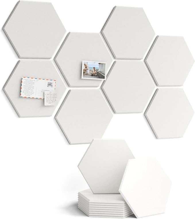 Fluxynara 8-Pack Hexagon Felt Bulletin Board Tiles, Milky White | Cork Board Alternative with 50 Adhesive Tabs for Notes, Photos and Reminders in Home Offices, Dorm and Classrooms