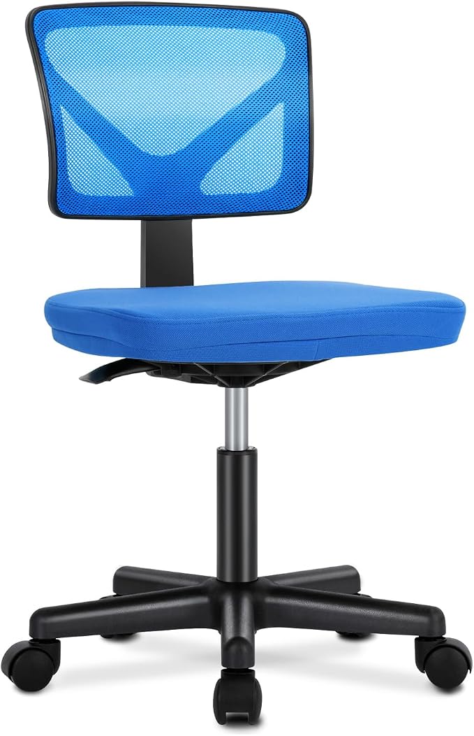 DUMOS Armless Desk Chairs, Small Home Office Mesh Chairs | Ergonomic Adjustable Mid Back, Swivel Rolling Task, Computer Work Vanity Small Spaces, Blue