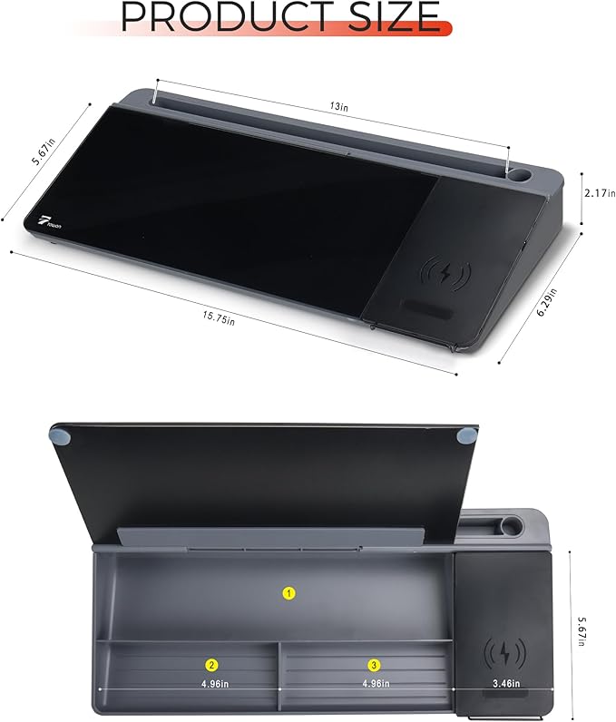 TOWON Glass Desk Whiteboard 16x7 in, Wireless Charger and Storage, Black | Desktop whiteboard with charging pad and phone stand. Tempered glass dry erase. Marker and eraser included.