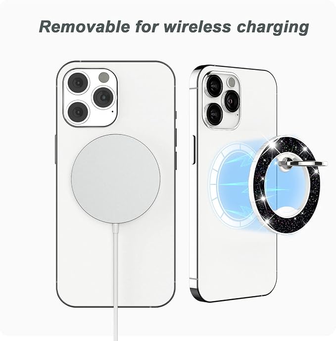 Magnetic Phone Ring Holder for magsafe, Glitter Magnetic Grip Compatible with iPhone 17 16 15 14 13 12 Pro max,Pro,Plus,Mini, Pixel 10 Series Mag Safe Accessories,Adjustable Kickstand,Black