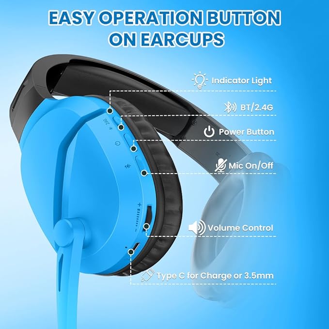 Wireless Gaming Headset with Noise Canceling Microphone for PS5, PC, PS4, 2.4G/Bluetooth Gaming Headphones with USB and Type-c Connector, Wired Mode for Controller - Blue