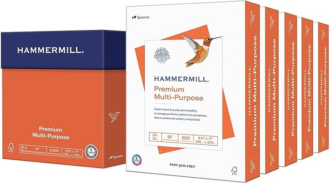 Hammermill Printer Paper, Premium Multipurpose Paper 20 lb, 8.5 x 11-5 Ream (2,500 Sheets) - 97 Bright, Made in the USA, 105910C