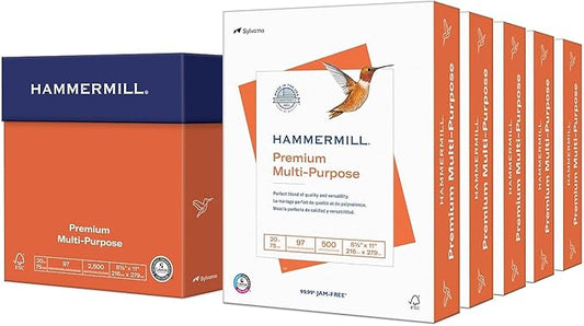 Hammermill Printer Paper, Premium Multipurpose Paper 20 lb, 8.5 x 11-5 Ream (2,500 Sheets) - 97 Bright, Made in the USA, 105910C