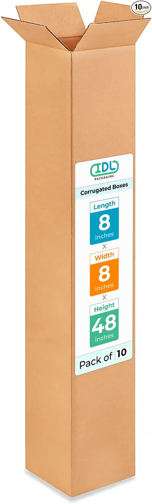 Tall Moving & Shipping Boxes 8x8x48 inches (10-Pack) - Extra Strength 200 lb vs Regular - USA-Made Corrugated Moving Boxes for USPS/UPS/FEDEX - Packing Box - Moving Cardboard Box by IDL Packaging