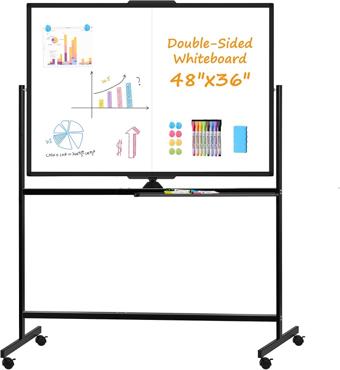 Rolling Dry Erase Whiteboard Stand, 48" x 36" White Board on Wheels Black | Double-Sided Reversible, 4 x 3 ft, Mobile Standing Whiteboards, Portable Magnetic Board, for Office School Home