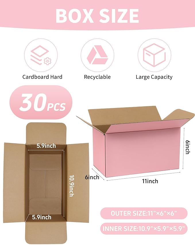 11x6x6 Inch Cute Pink Shipping Boxes, 30 Pack Corrugated Cardboard Box, Mailing Packaging Boxes for Small Business