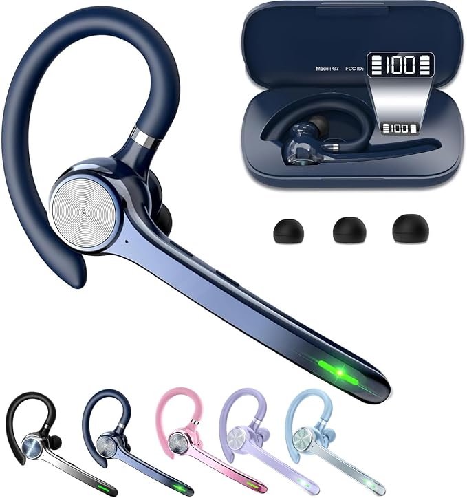 HEIBAS Bluetooth Headset, Wireless Earpiece with Mic for Work | 72H Playtime, 500mAh Charging Case, Hands-Free Calling with Mute Button for Work, Trucker, Office, Driving, iPhone, Blue