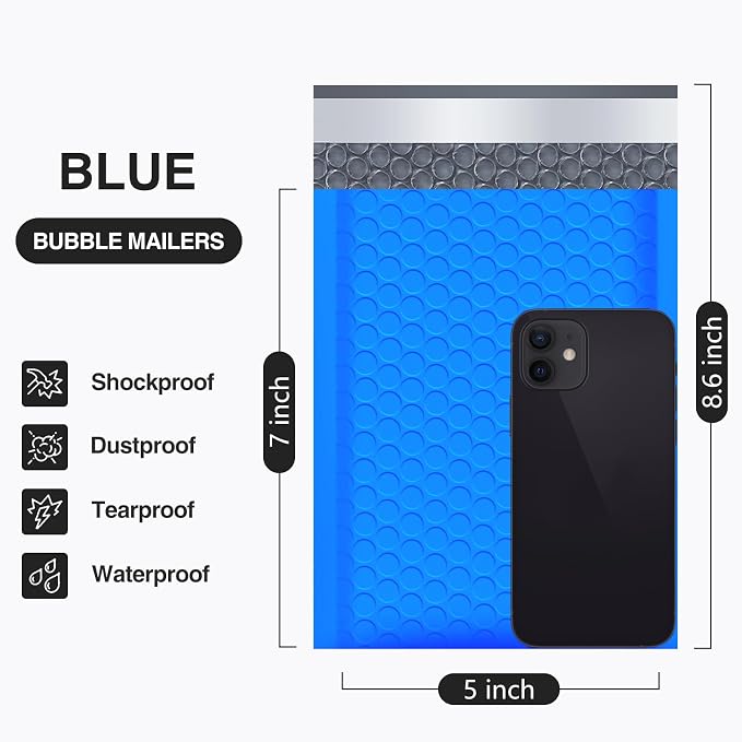 UCGOU Bubble Mailers 5x8.6" Usable Size 5x7" Padded Envelopes Blue 100 Pack | Waterproof Lightweight Mailing Packages,Opaque Self Seal Adhesive Boutique Padded Shipping Bags for Jewelry Makeup Supplier