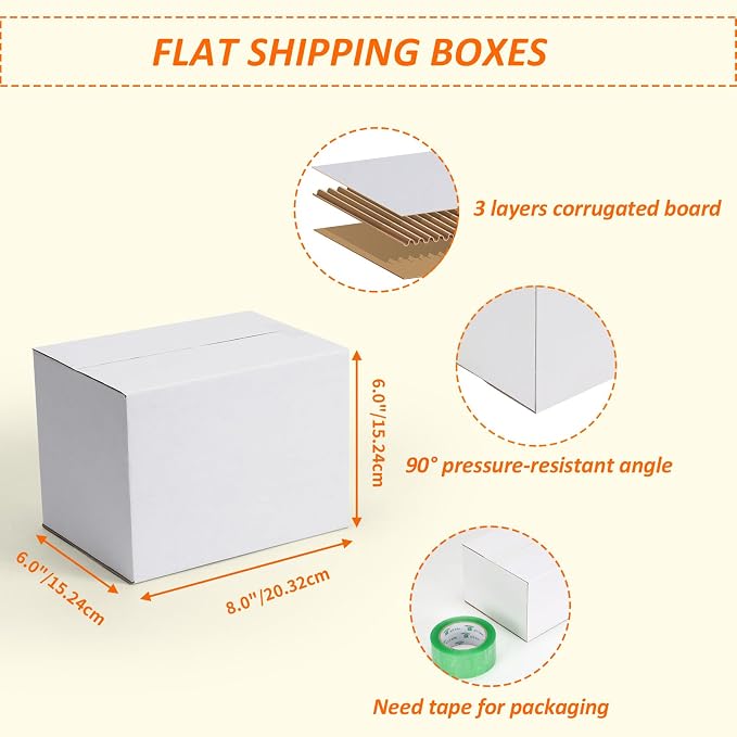 HORLIMER 8x6x6 Shipping Boxes Set of 40, White Corrugated Cardboard Mailer Box for Packing Small Business
