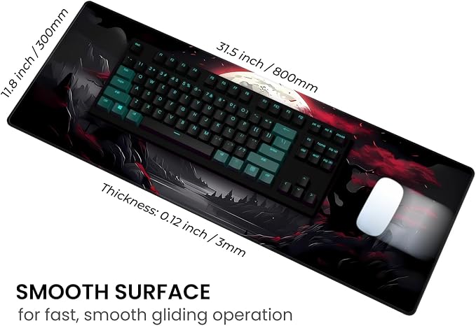 MAY FLOWER Large Gaming Mouse Pad, Full Keyboard Mat, Long Laptop Mousepad, Computer Mouse Mat for Home and Office, Anti-Slip Rubber Base, 31.5 x 11.8 Inches (Dark Red Moon)