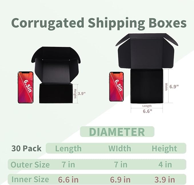 Rempry 7x7x4 Inches Black Shipping Boxes Pack of 30, Cardboard Corrugated Mailer Boxes for Packaging Small Business, Small Gift Boxes for Mailing Present