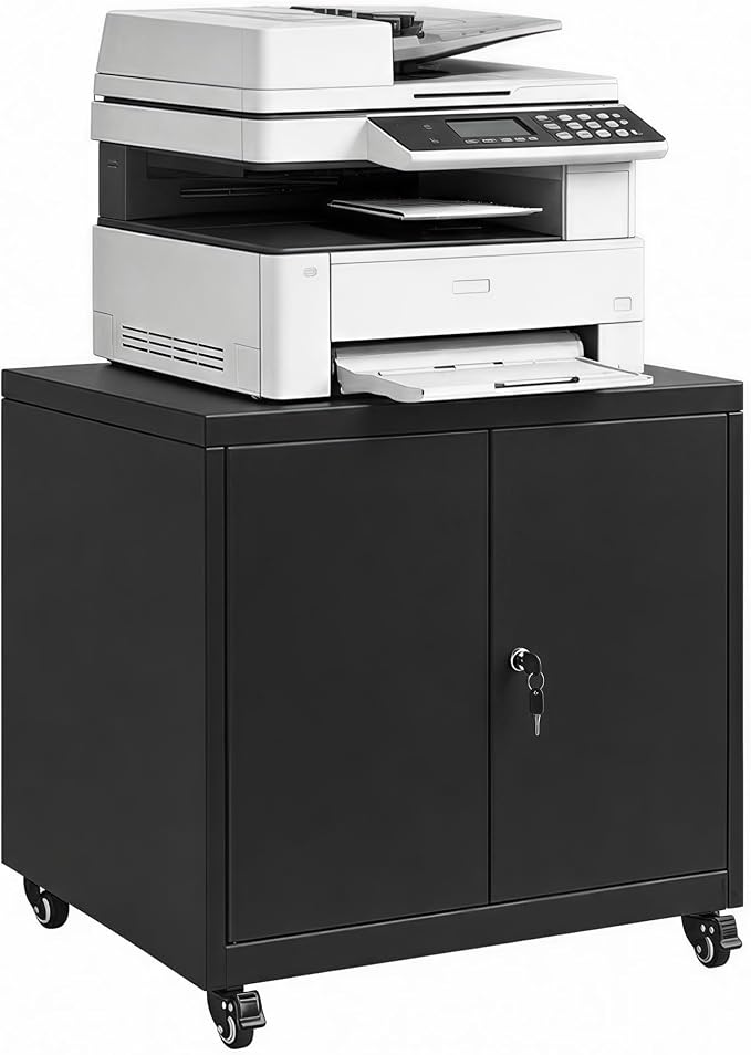 23.6"H Locking Printer Cabinet with Storage & Adjustable Shelf | Large Metal Rolling Printer Stand, Steel Printer Cart for Home Office, Workspace Organization & Office Supplies, White