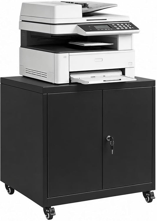 23.6"H Locking Printer Cabinet with Storage & Adjustable Shelf | Large Metal Rolling Printer Stand, Steel Printer Cart for Home Office, Workspace Organization & Office Supplies, White