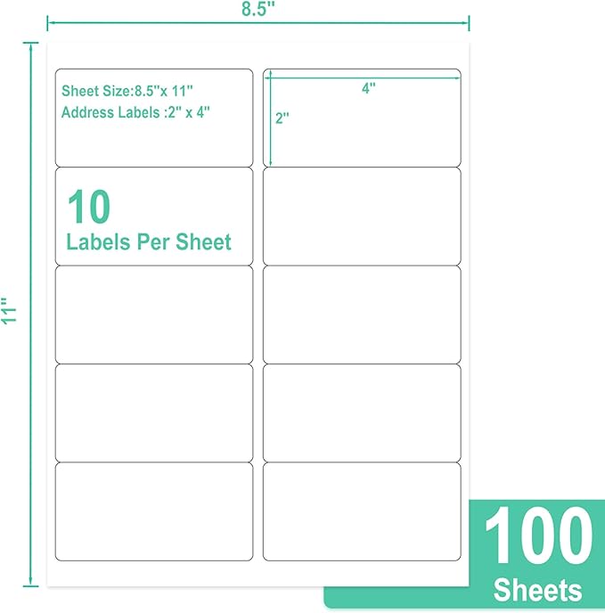 L LIKED 2" x 4" Label Stickers, Printable White 10 per Sheets Total 1000 Labels for Laser/Inkjet Printing - Matte (1000 Labels) (Pack of 2)