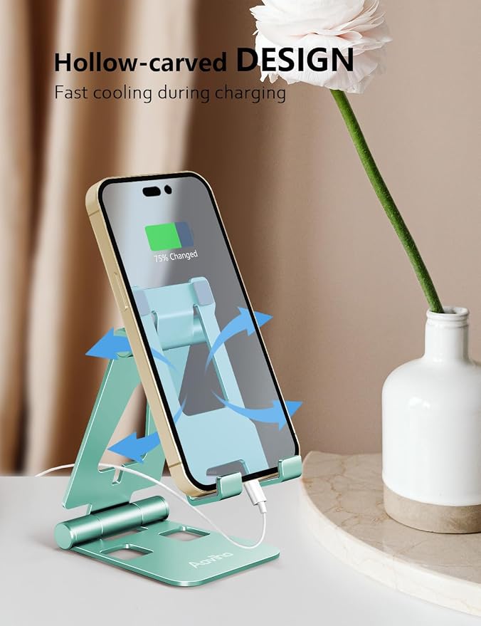 Aoviho Foldable Cell Phone Stand for Desk, Holder for iPhone,Mint Green | Folds Flat for Easy Storage, Hands-Free Viewing, Fits iPhone 17/16/15 Series & Samsung Galaxy, Ideal for Office & Home