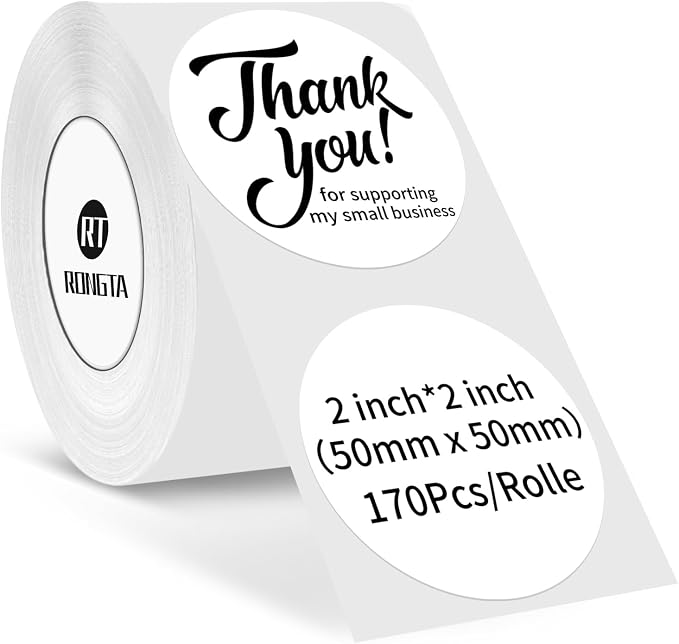 Rongta Label Tape for R22, Standard Laminated Thermal Label Tape Replacement, Waterproof, Oil-Proof Sticker for Home Office Small Business Labeling (White, Round Φ 2'' (170 Labels/Roll))