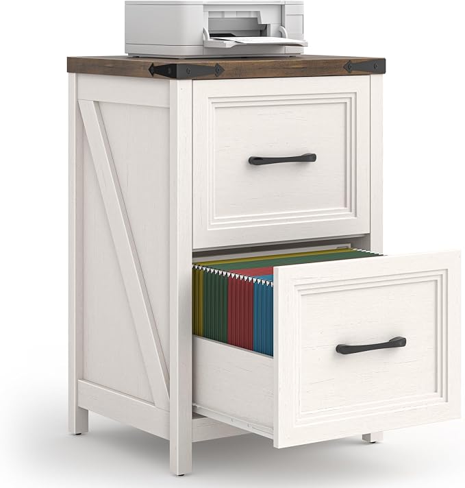 2 Drawer Vertical File Cabinet, Wood Farmhouse Cabinet, White and Brown | Filing Cabinet Fits A4/Letter Size, Under Desk Small File Cabinets Printer Stand with Storage for Home Office