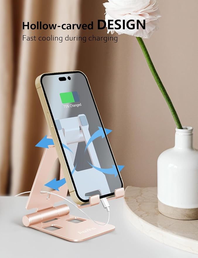 Aoviho Foldable Cell Phone Stand for Desk, Holder for iPhone,Rose Gold | Folds Flat for Easy Storage, Hands-Free Viewing, Fits iPhone 17/16/15 Series & Samsung Galaxy, Ideal for Office & Home
