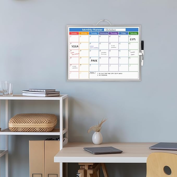 Colorful Monthly Dry Erase Calendar for Wall, 16" x 12" Hanging Whiteboard Calendar Board, Monthly White Board Planner for Home, School, Office
