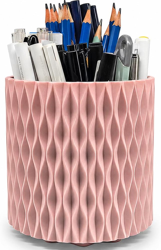 Lebenrich Rotating Pencil Holder for Desk, 5 Slots Unique Pink Organizer Easthetic Desktop Supplies and Accessories for Women Girls, Pen Cup Caddy for Office Home Art Supply