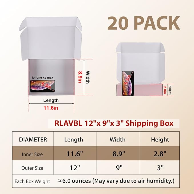 RLAVBL 12x9x3 Shipping Boxes Set of 20, Pink Corrugated Cardboard Box for Packing, Mailing, Business, Gift