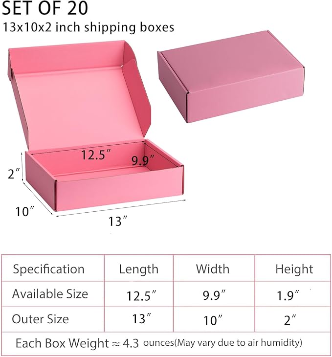 Small Shipping Boxes 13x10x2 Inches – Pink Corrugated Cardboard Boxes (20-Pack) for Mailing, Packing, Small Business & Gift Packaging - Recyclable & Sturdy