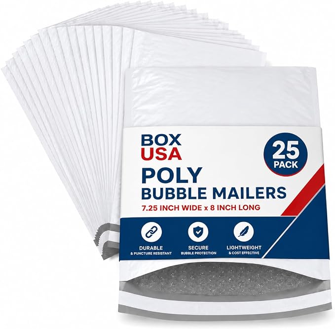 BOX USA Bubble Mailers 7-1/4" x 8" White (25-Pack) – Self-Seal Padded Envelopes with Bubble Lining, Poly Bubble Mailer Shipping Bags for Small Business, Ecommerce & Fulfillment Packaging