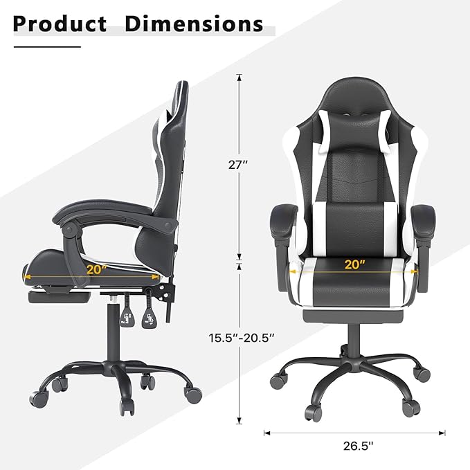 Gaming Chair with Headrest and Lumbar Support, Ergonomic High Back Office Chair, Racing Style Executive Computer Desk Chair, Leather Adjustable Swivel Task Chair for Home Office (White)