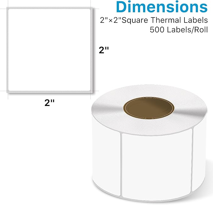 Square Thermal Label Stickers, 2"x2" (50.8mm x 50.8mm) Compatible with Multiple Thermal Printers Self-Adhesive Square Direct Strong Adhesive Thermal Labels, White, 500 Sheets/Roll