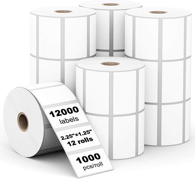 (12,000 Labels/12 Rolls) Labelebal 12 Rolls,1000/Roll -Zebra 2.25" X 1.25” Direct Thermal Labels - Perforated Stickers for Barcode Address, Compatible with Zebra & Rollo & MUNBYN Desktop Printer