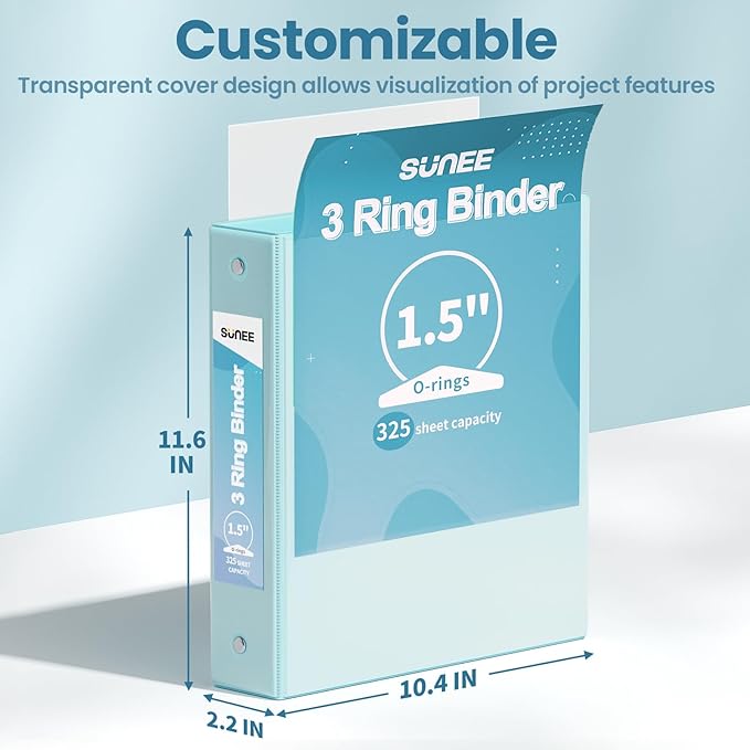 SUNEE 3 Ring Binder 1.5 Inch 2 Pack, Clear View Binder Three Ring PVC-Free (Fit 8.5x11 Inches) for School or Office Supplies, Blue