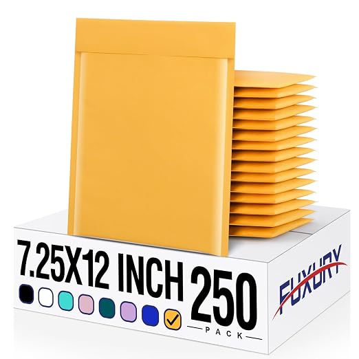 Fuxury Kraft Bubble Mailers 7.25x12 Inch 250 Pack, Strong Adhesion Padded Envelopes,Self Seal Bubble Envelopes, Waterproof Cushioned Mailers for Small Business,Bulk Yellow