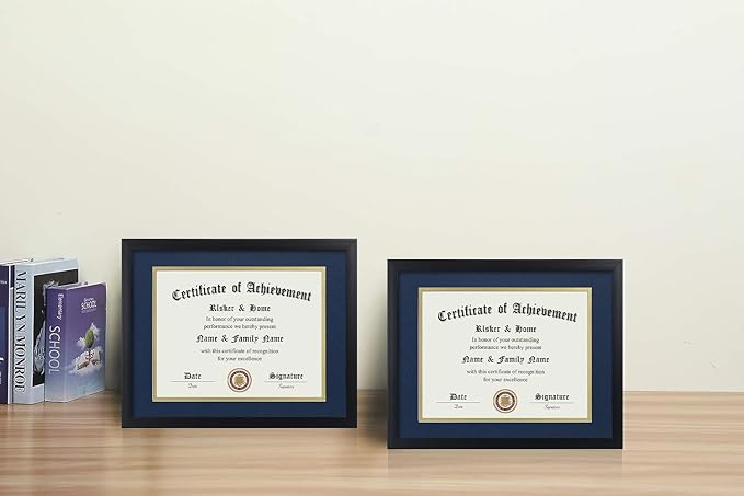ELSKER&HOME 8.5x11 Certificate Frame with Blue Mat 2Pack- Classic Black Color Frame - Displays Diploma 8.5x11 Inch with Mat - 11x14 Inch Without Mat - For Document/Photo(2 Pack, Matte Blue with Gold