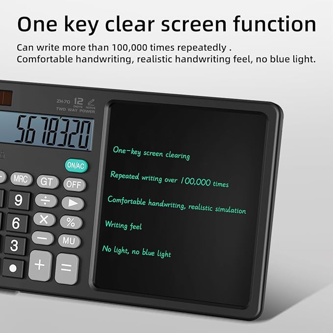 Desk Calculator with Erasable Writing Pad, 12-Digit Wide Screen Display, 100,000+ Reusable LCD Notepad, One-Click Clear & Lock Function, Solar and Battery Dual Power for Office,School,Business (Black)