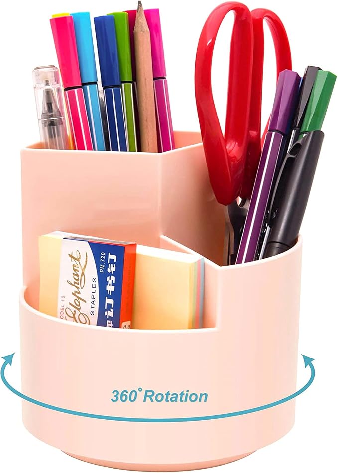 Siveit Desk Pencil Pen Holder, Desk Organizers 3 Slots 360-Degree Rotating Pen Holder for Desktop Storage Stationery Supplies Organizer, Home, Office, School, Kids, Peach Pink