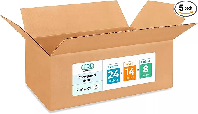 Large Shipping & Moving Boxes 24 x 14 x 8 inches (5-Pack) - Extra Strength 200 lb vs Regular - USA-Made Corrugated Large Boxes for Moving - Heavy Duty Packing Box - Carton Box by IDL Packaging