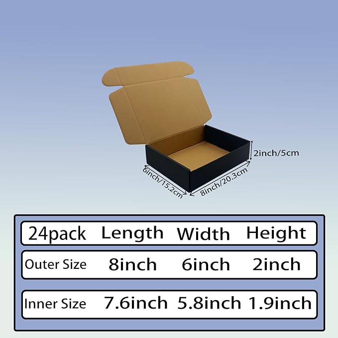 24 Pack 8x6x2 inches Black Shipping Boxes, Corrugated Mailer Boxes, Packaging Boxes for Products, Recyclable Cardboard Box, Flat Literature Mailers for Gifts, Small Business by Mailing