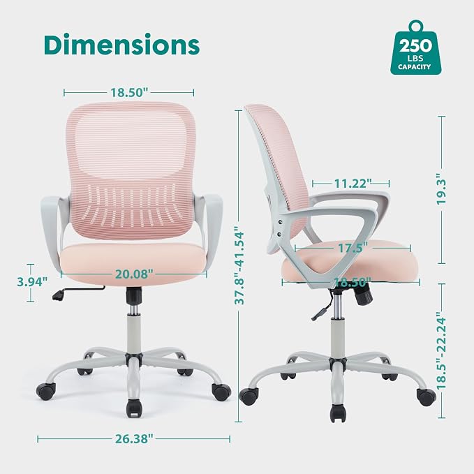 OLIXIS Home Office Chair, Mesh Desk Chair, Ergonomic Lumbar Support | Mid Back Computer Ergonomic, Height Adjustable Swivel Task, Large Seat Armrest, Adults, Pink