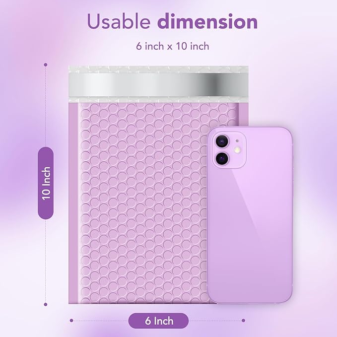 Metronic Bubble Mailers 6x10 Inch 100 Pack Cute Bubble Mailer Usable Size 6x9" Waterproof Padded Envelopes Opaque Padded Envelopes Thick Packaging for Jewelry, Makeup Lavender