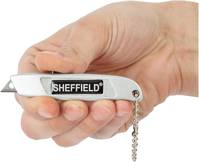 Sheffield Mini Utility Knife, Retractable Box Cutter, for Cardboard, Drywall, Carpet, with Comfort Grip, 3-Position Blade Lock, Extra Blade Storage